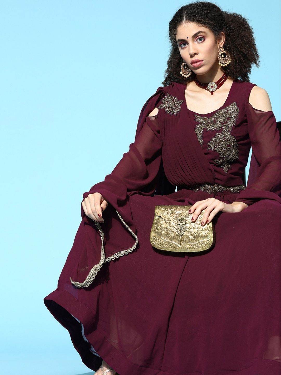 Made to Measure Crystal Embellished Georgette Gown With Attached Draped Dupatta & Laces