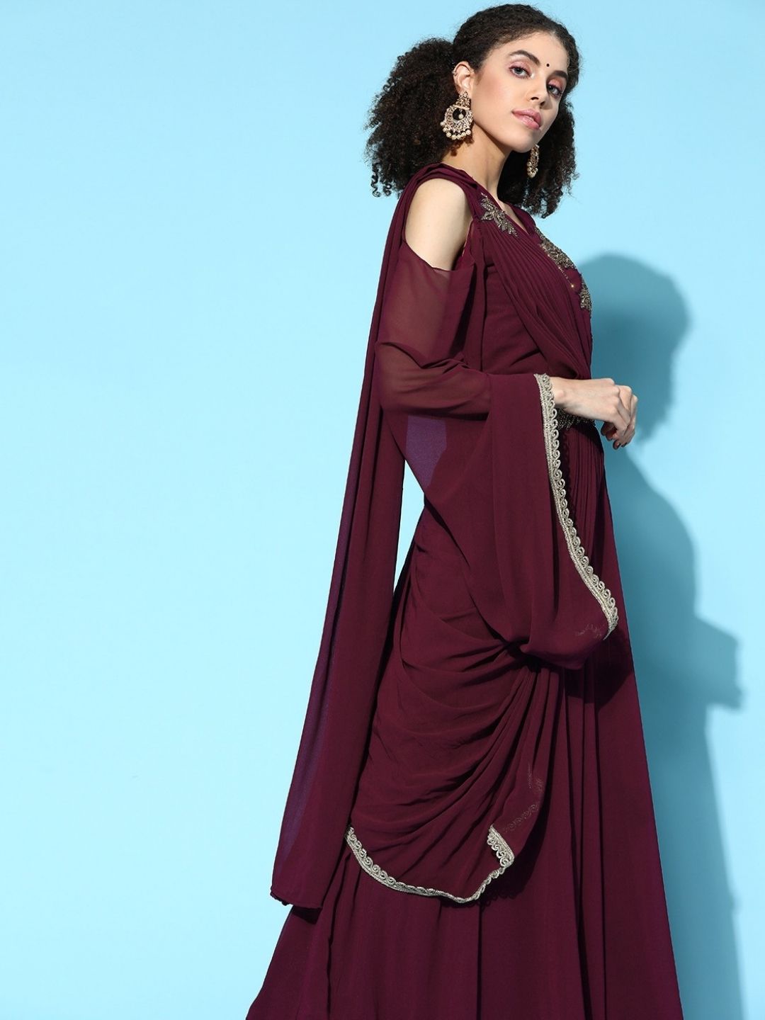 Made to Measure Crystal Embellished Georgette Gown With Attached Draped Dupatta & Laces