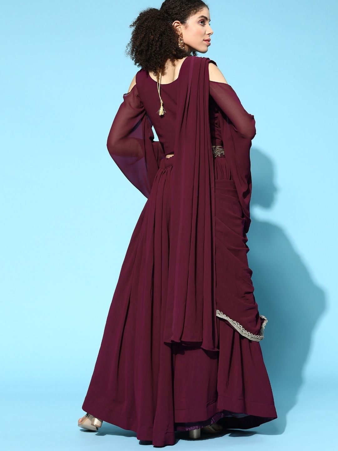 Made to Measure Crystal Embellished Georgette Gown With Attached Draped Dupatta & Laces