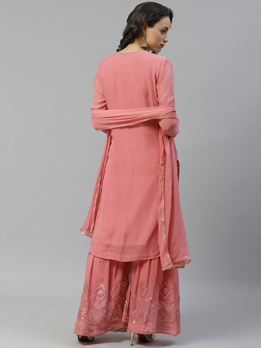 Made to Measure Baby Pink Gota-Patti & Resham Embroidery Kurta, Unstitched Sharara Set with Chiffon Dupatta