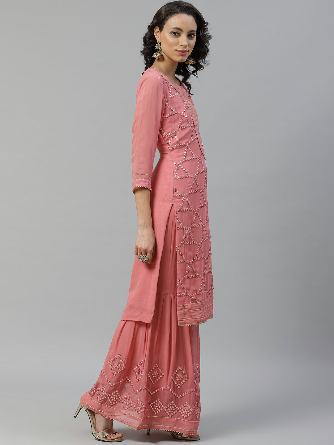 Made to Measure Baby Pink Gota-Patti & Resham Embroidery Kurta, Unstitched Sharara Set with Chiffon Dupatta