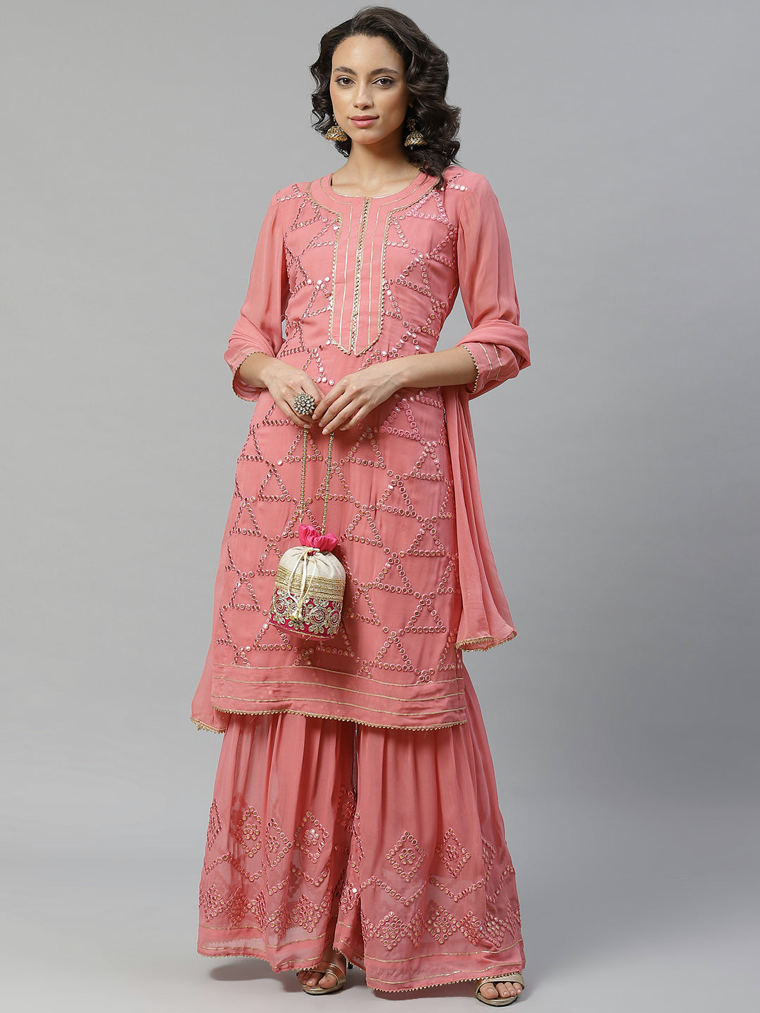Made to Measure Baby Pink Gota-Patti & Resham Embroidery Kurta, Unstitched Sharara Set with Chiffon Dupatta