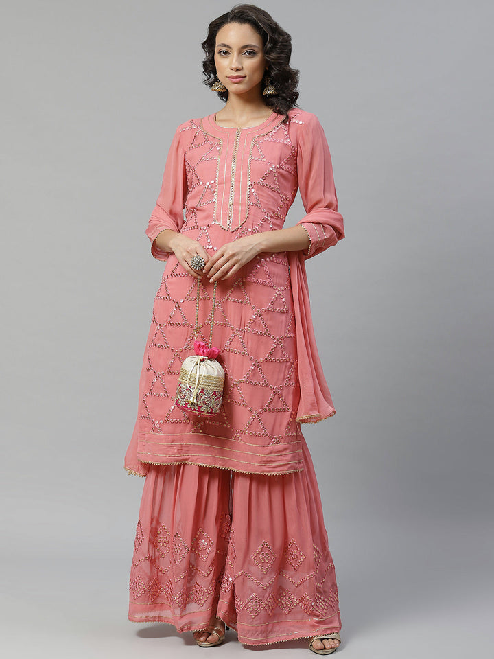 Made to Measure Baby Pink Gota-Patti & Resham Embroidery Kurta, Unstitched Sharara Set with Chiffon Dupatta