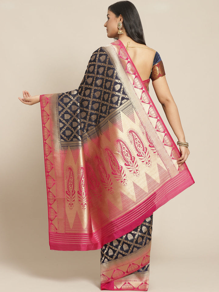 Navy Blue Kanjeeveram Silk Saree with Gold Oxidised Weaving and Contrast Pink Border
