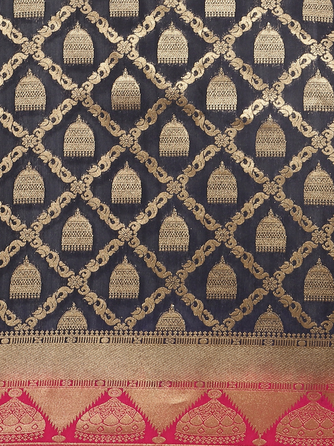 Navy Blue Kanjeeveram Silk Saree with Gold Oxidised Weaving and Contrast Pink Border