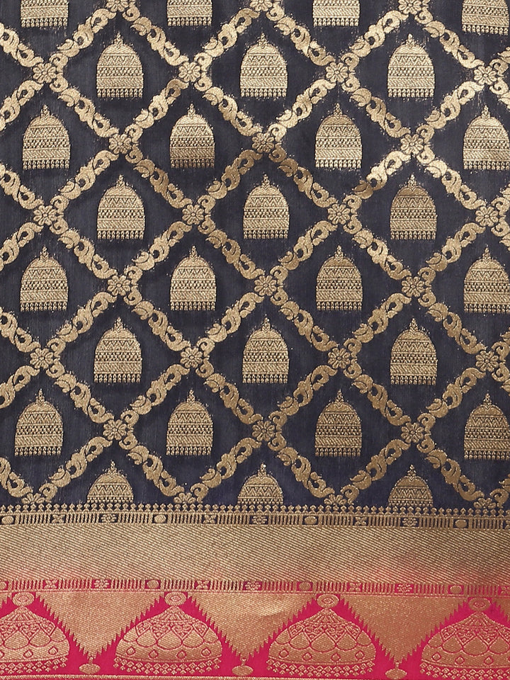 Navy Blue Kanjeeveram Silk Saree with Gold Oxidised Weaving and Contrast Pink Border