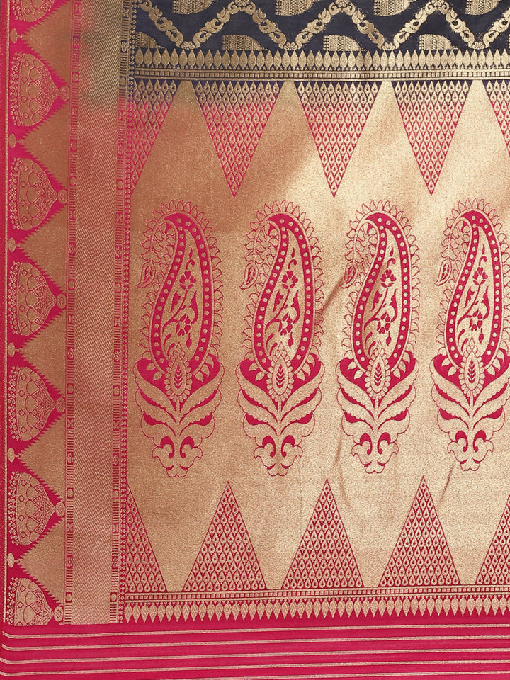 Navy Blue Kanjeeveram Silk Saree with Gold Oxidised Weaving and Contrast Pink Border