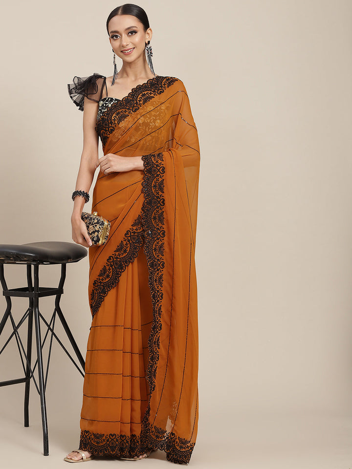Mustard Georgette Saree With Black Resham Sequinned Embroidery
