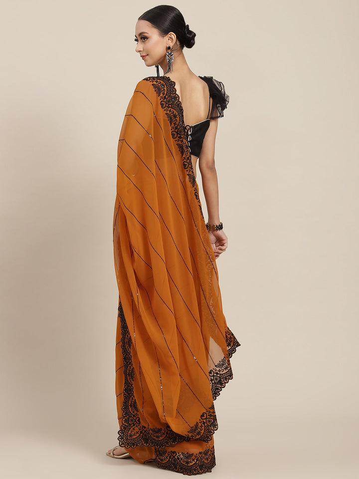 Mustard Georgette Saree With Black Resham Sequinned Embroidery