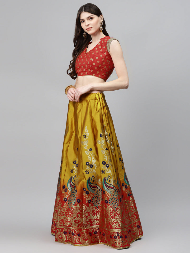 Ombre Semi Stitched Banarasi Lehenga Choli With Gold Zari Weave Dupatta & Peacock Motifs