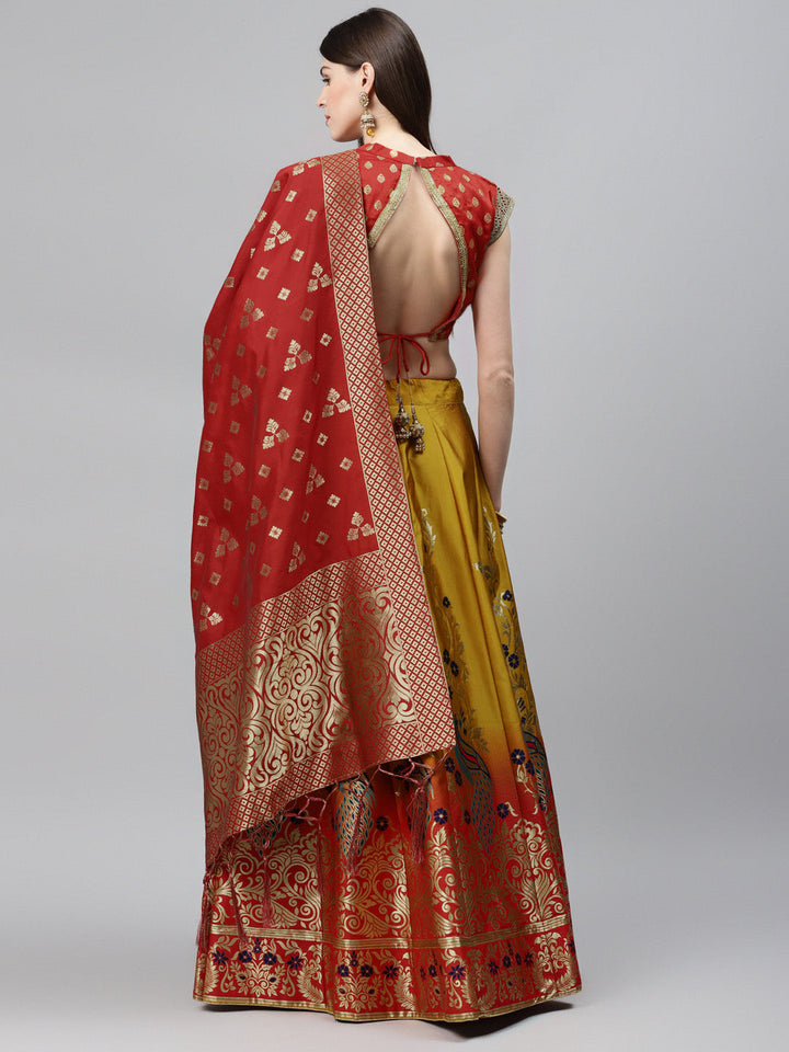 Ombre Semi Stitched Banarasi Lehenga Choli With Gold Zari Weave Dupatta & Peacock Motifs