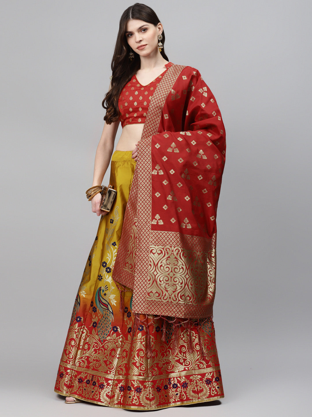 Ombre Semi Stitched Banarasi Lehenga Choli With Gold Zari Weave Dupatta & Peacock Motifs