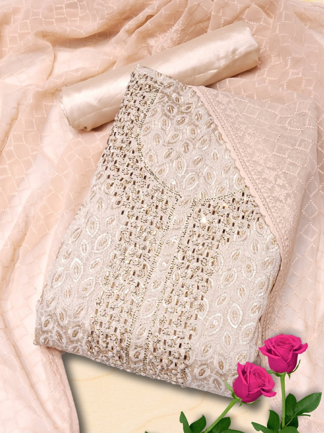 Chhabra 555 Georgette Schiffli Resham Crystal Embellished Dress Material with Embroidered DUpatta