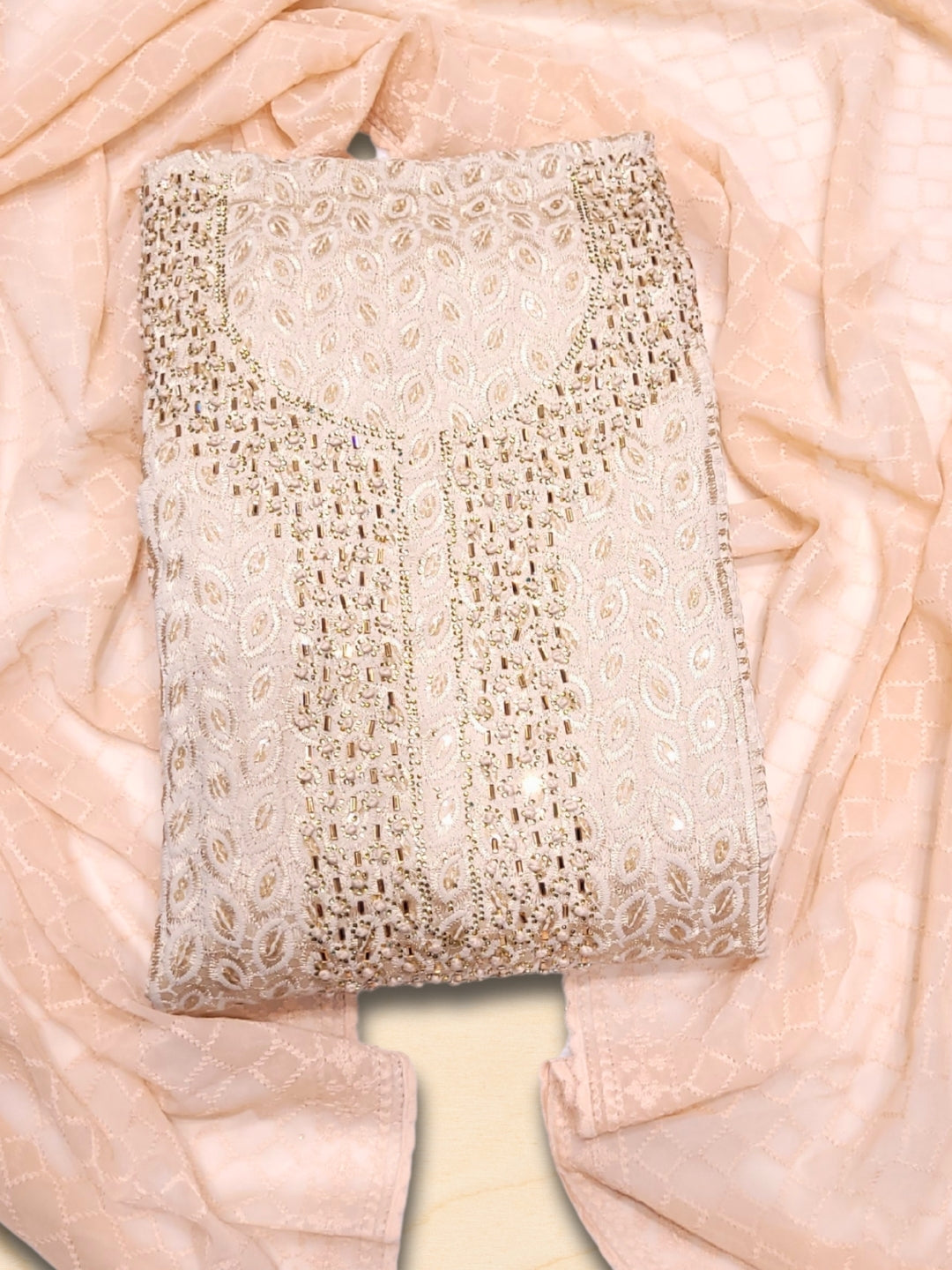 Georgette Schiffli Resham Crystal Embellished Dress Material with Embroidered DUpatta