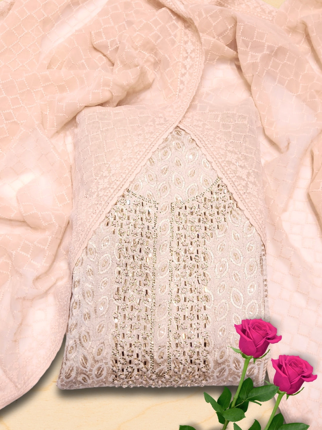 Georgette Schiffli Resham Crystal Embellished Dress Material with Embroidered DUpatta