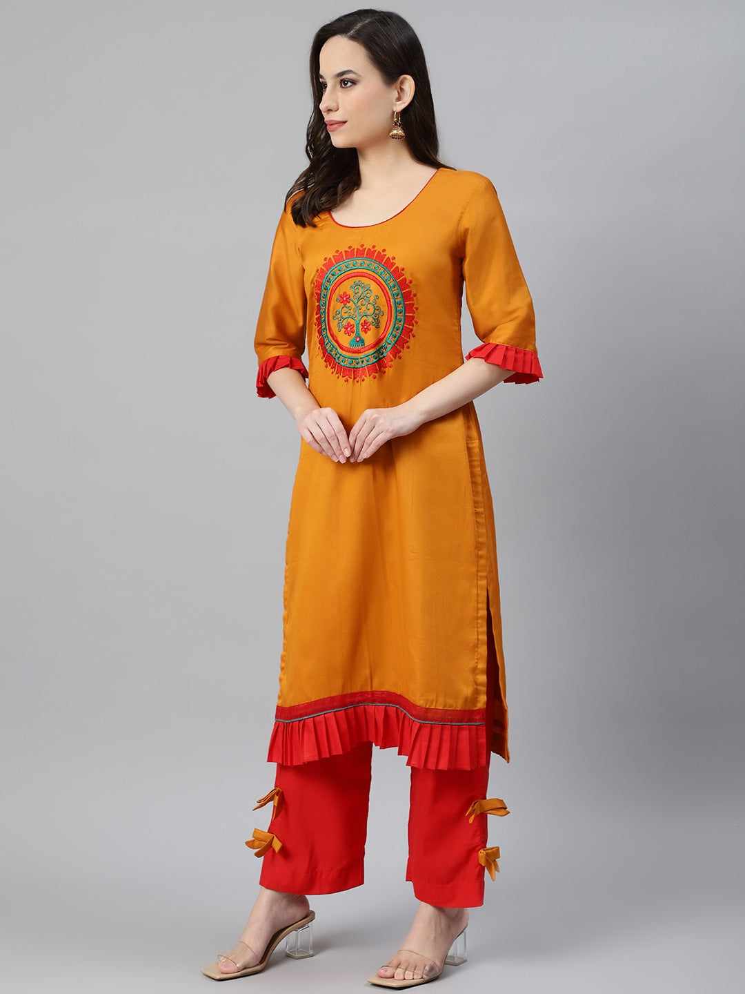 Cotton Stitched Kurta Pallazzo Set With Embroidery Dupatta & Pleated Hemline, Sleeves