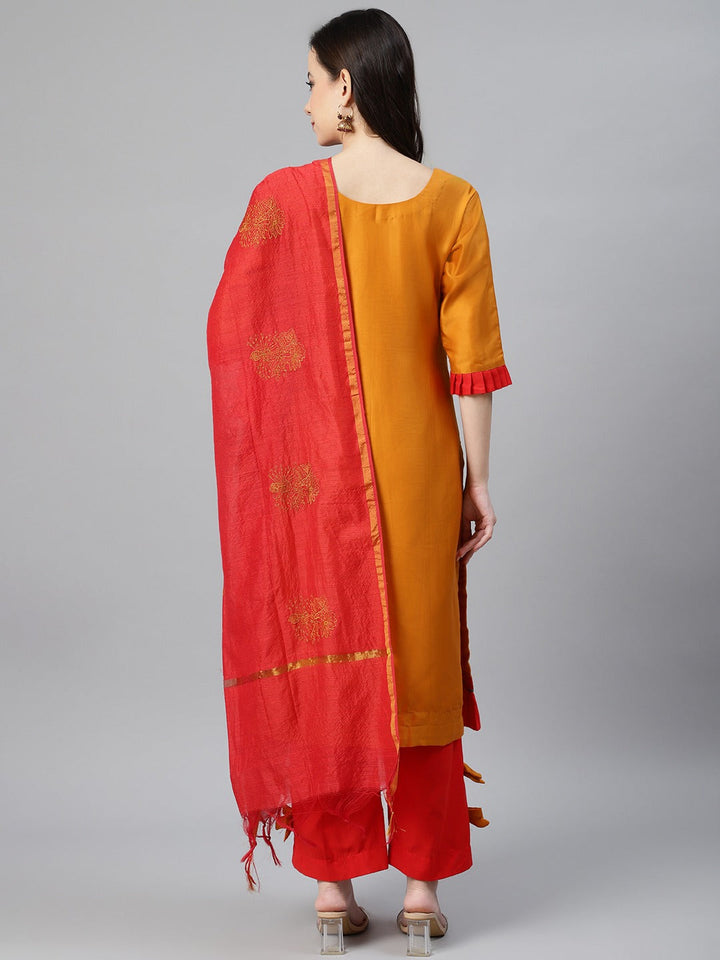 Cotton Stitched Kurta Pallazzo Set With Embroidery Dupatta & Pleated Hemline, Sleeves