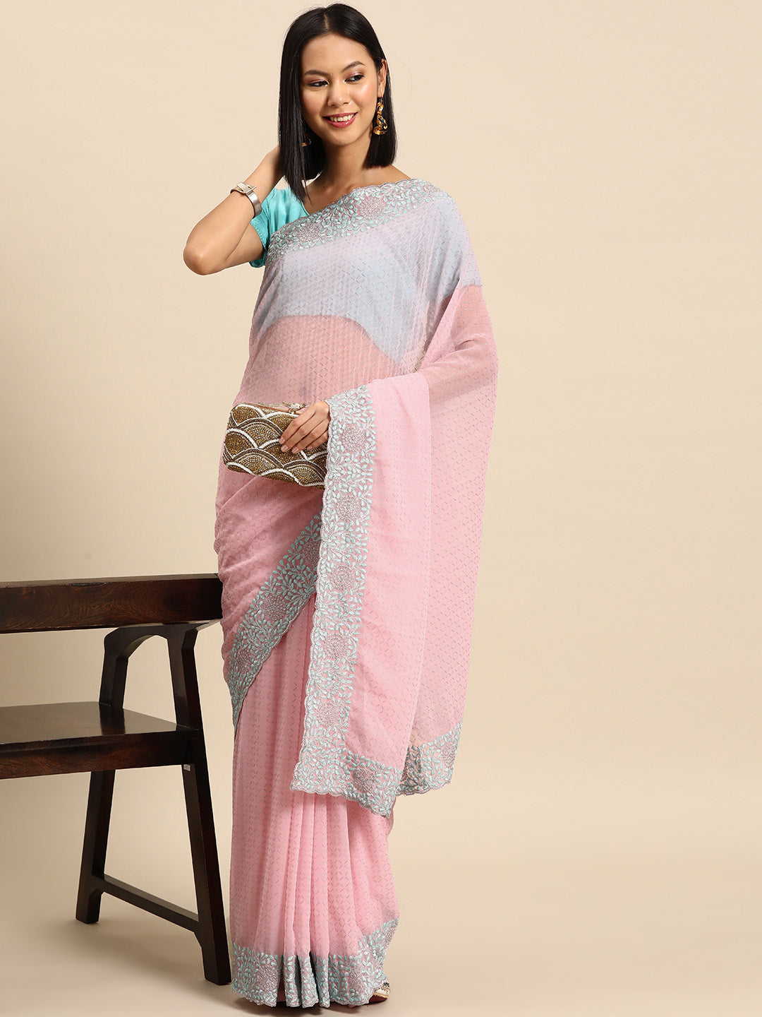 Chhabra 555 Pastel Pink Georgette Saree With Intricate Contrast Resham Embroidery Scallop Border