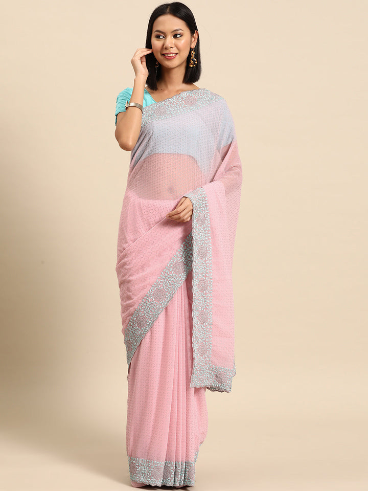 Pastel Pink Georgette Saree With Contrast Resham Embroidered Border