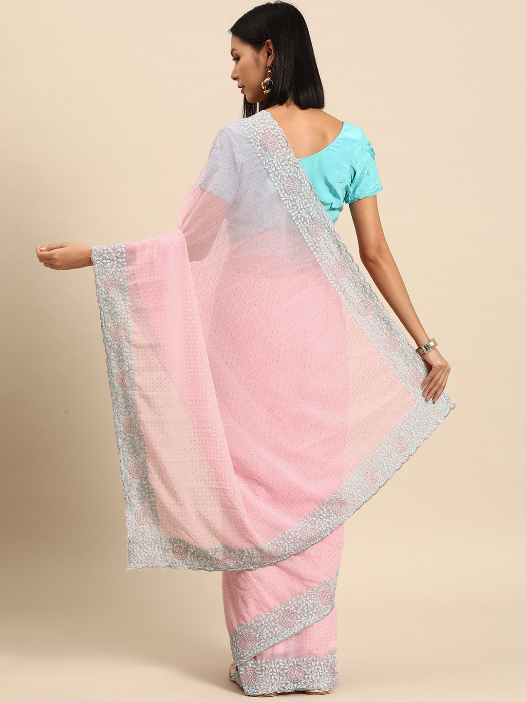 Pastel Pink Georgette Saree With Contrast Resham Embroidered Border