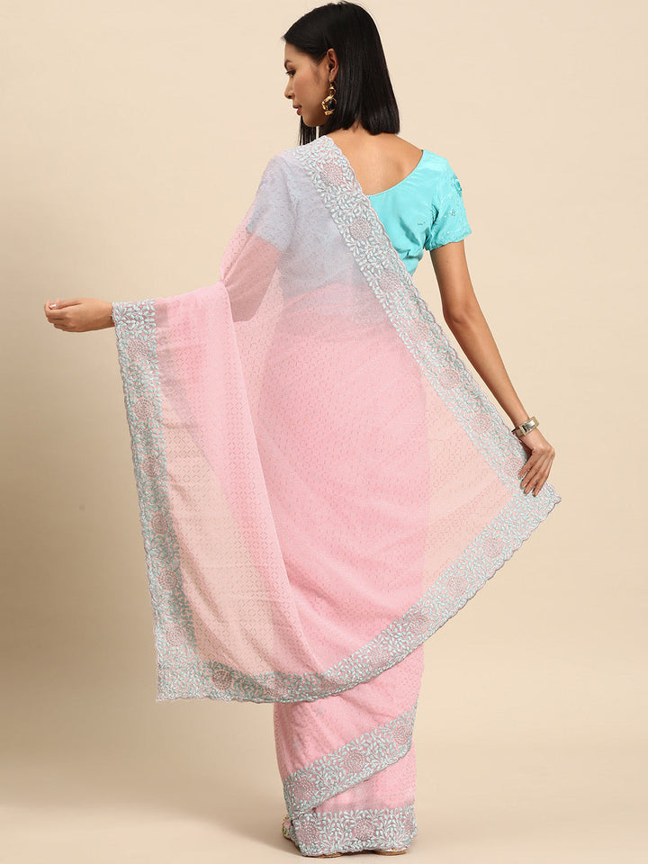 Pastel Pink Georgette Saree With Contrast Resham Embroidered Border