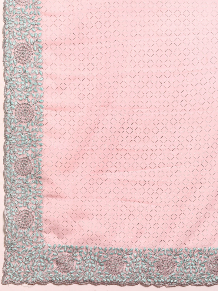 Pastel Pink Georgette Saree With Contrast Resham Embroidered Border