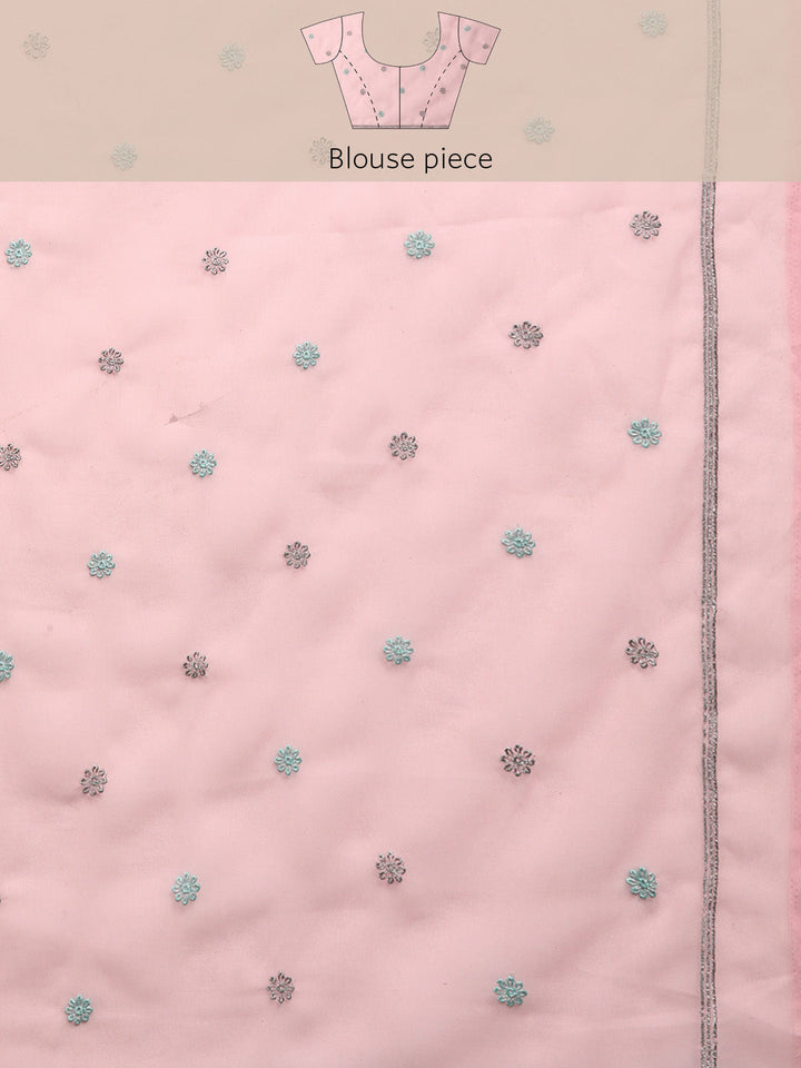 Pastel Pink Georgette Saree With Contrast Resham Embroidered Border
