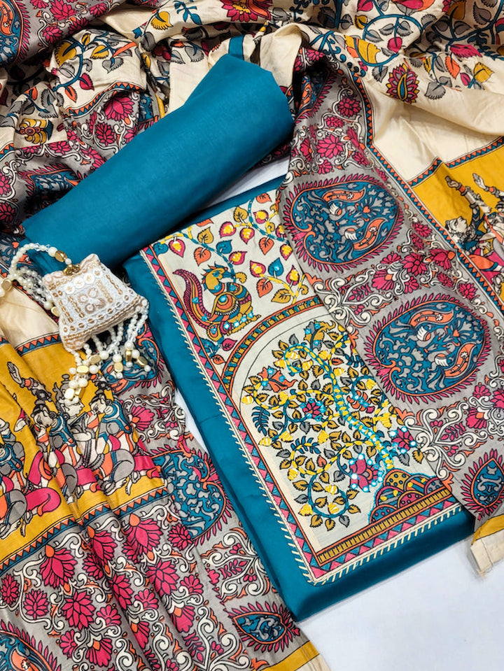 Mirror Embellished Kalamkari Print Dress Material with Animal & Human Figure Motifs