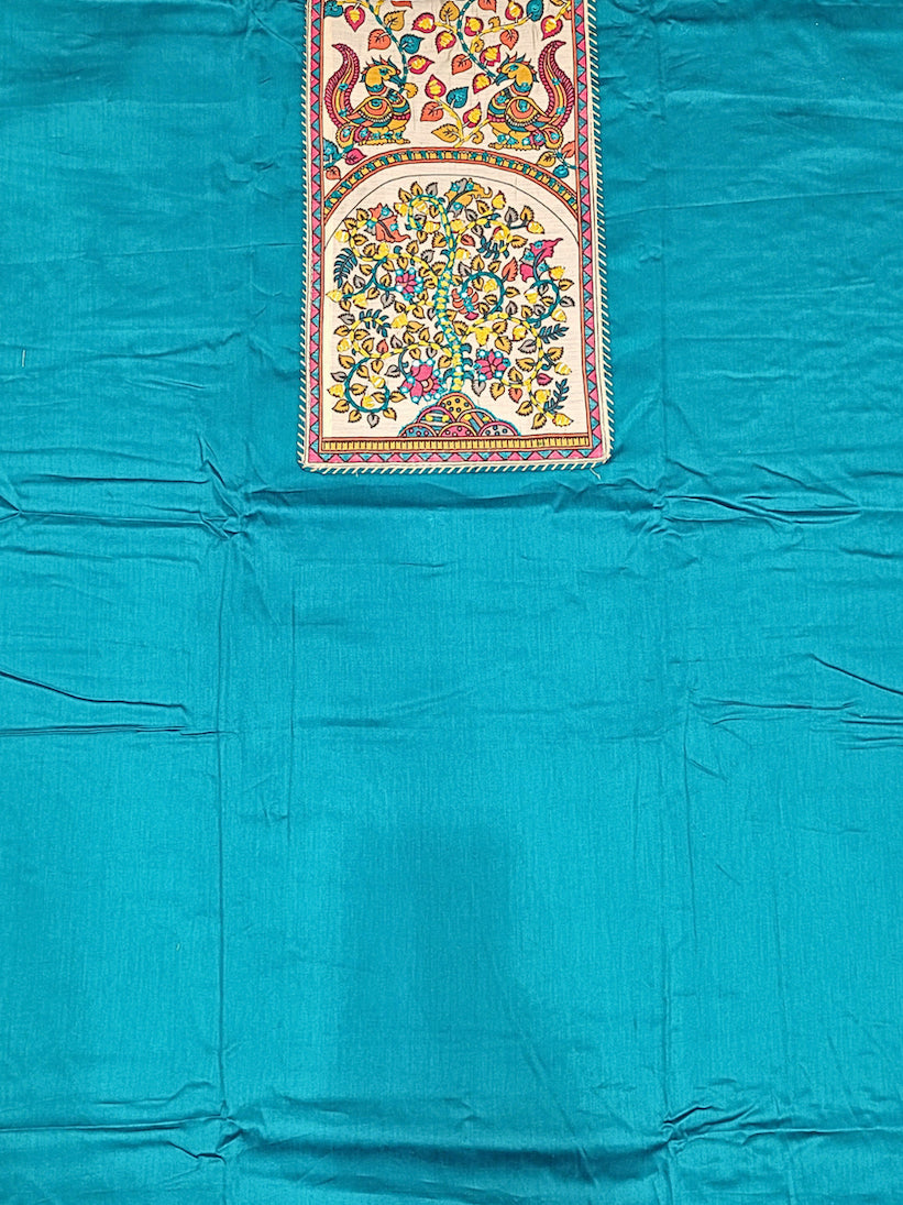 Mirror Embellished Kalamkari Print Dress Material with Animal & Human Figure Motifs