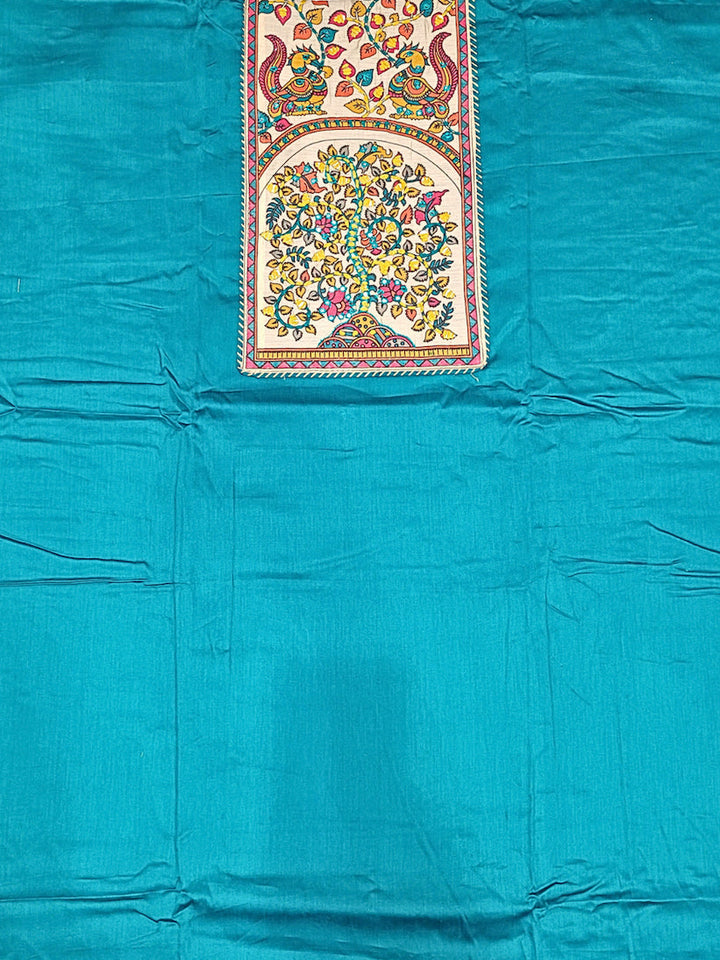 Mirror Embellished Kalamkari Print Dress Material with Animal & Human Figure Motifs
