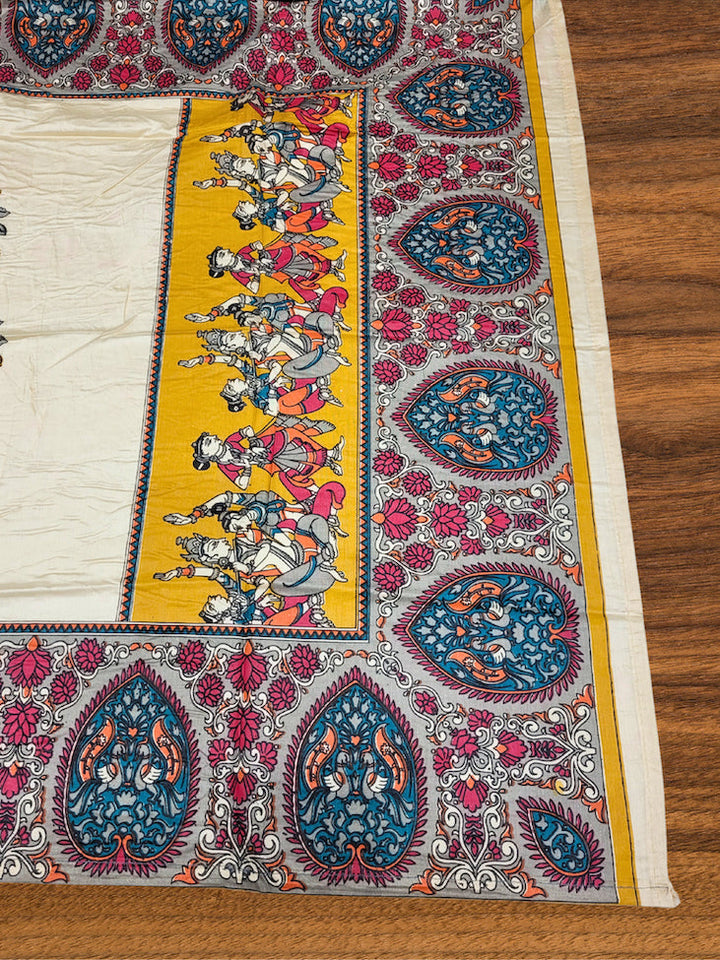 Mirror Embellished Kalamkari Print Dress Material with Animal & Human Figure Motifs