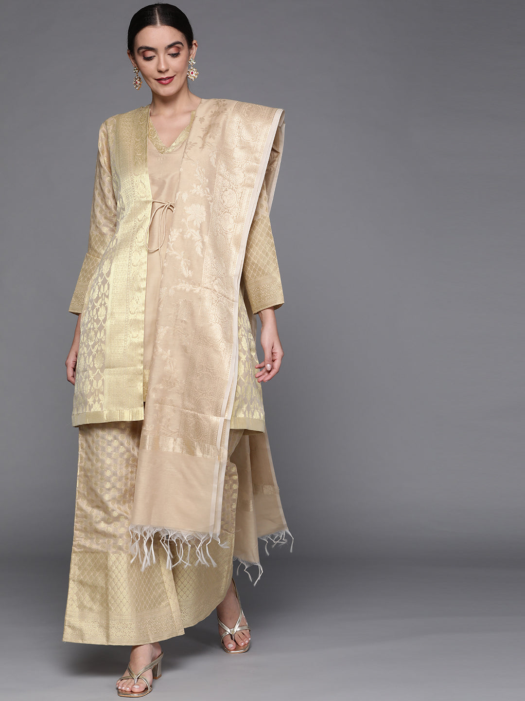 Beige Monochrome Banarasi Handloom Kurta Palazzo Set with Jacket