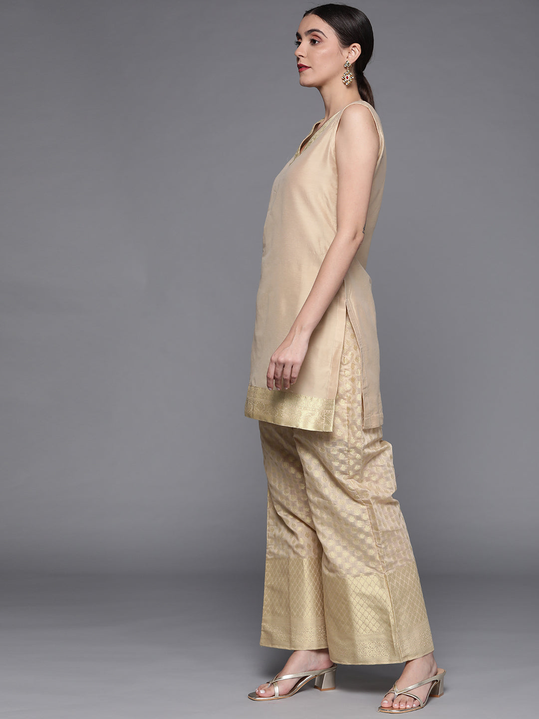 Beige Monochrome Banarasi Handloom Kurta Palazzo Set with Jacket