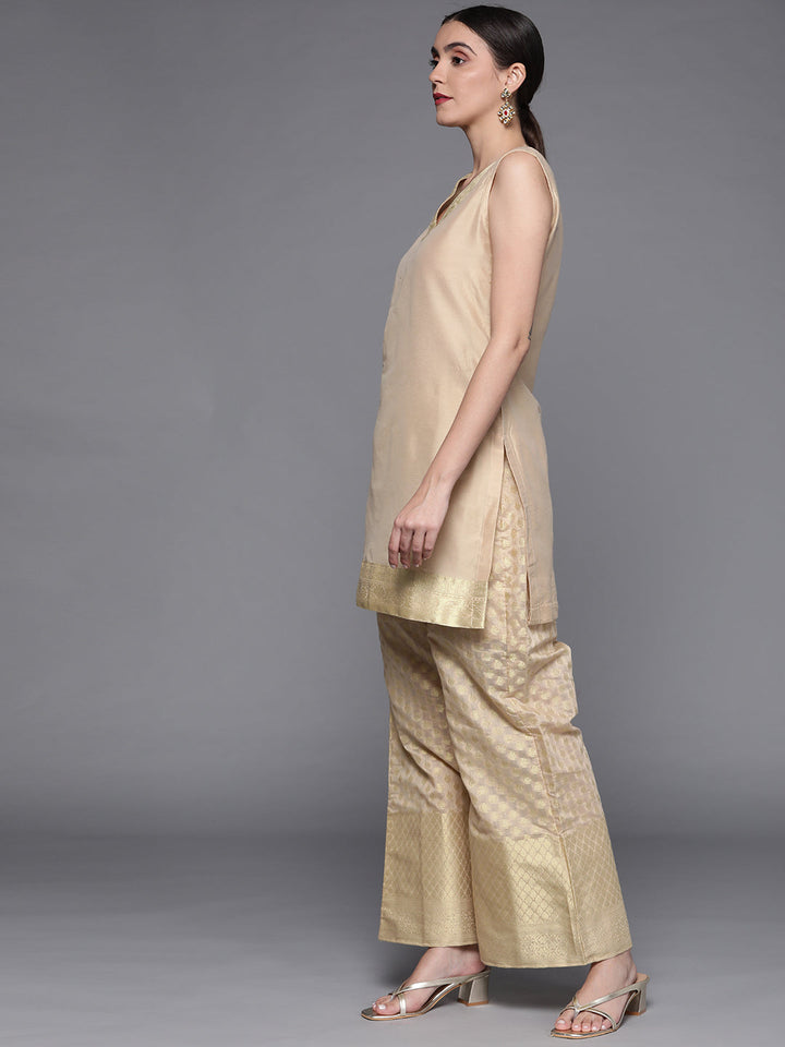 Beige Monochrome Banarasi Handloom Kurta Palazzo Set with Jacket