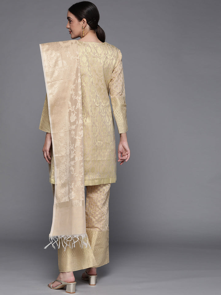 Beige Monochrome Banarasi Handloom Kurta Palazzo Set with Jacket