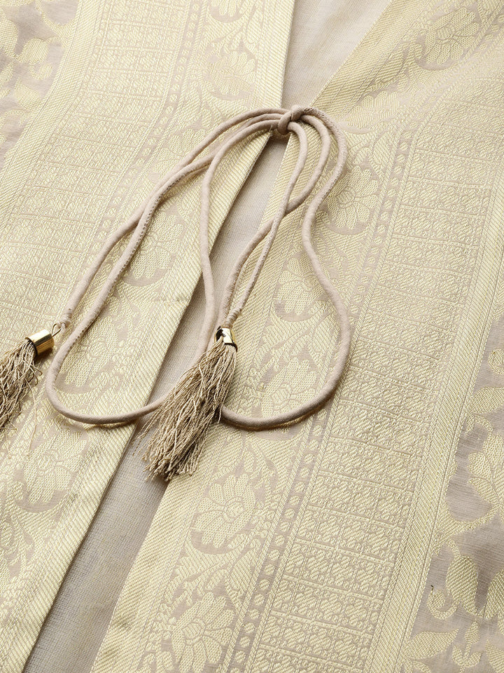 Beige Monochrome Banarasi Handloom Kurta Palazzo Set with Jacket