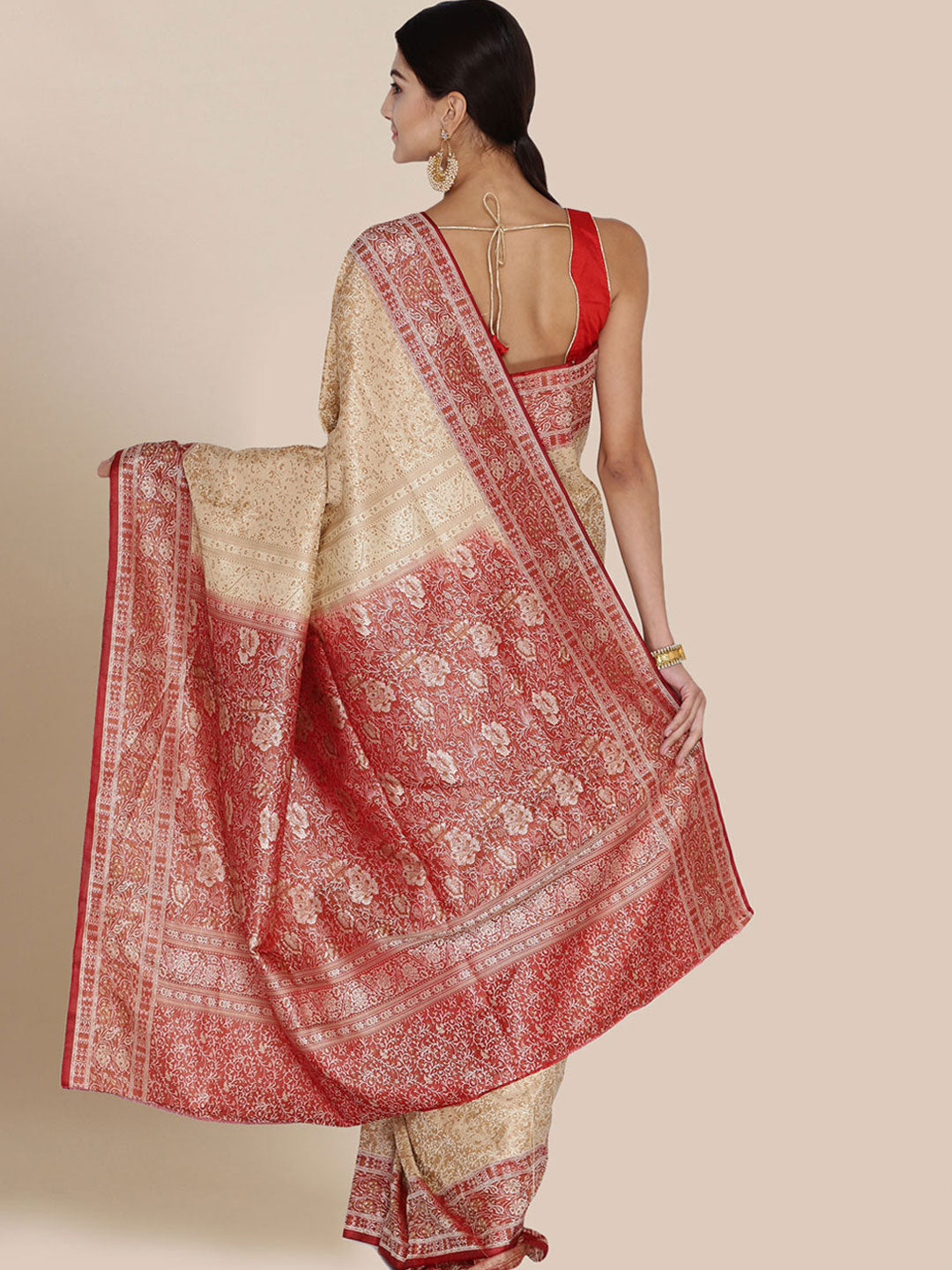 Beige & Maroon Colored Banarasi Silk Woven Party Wear Saree