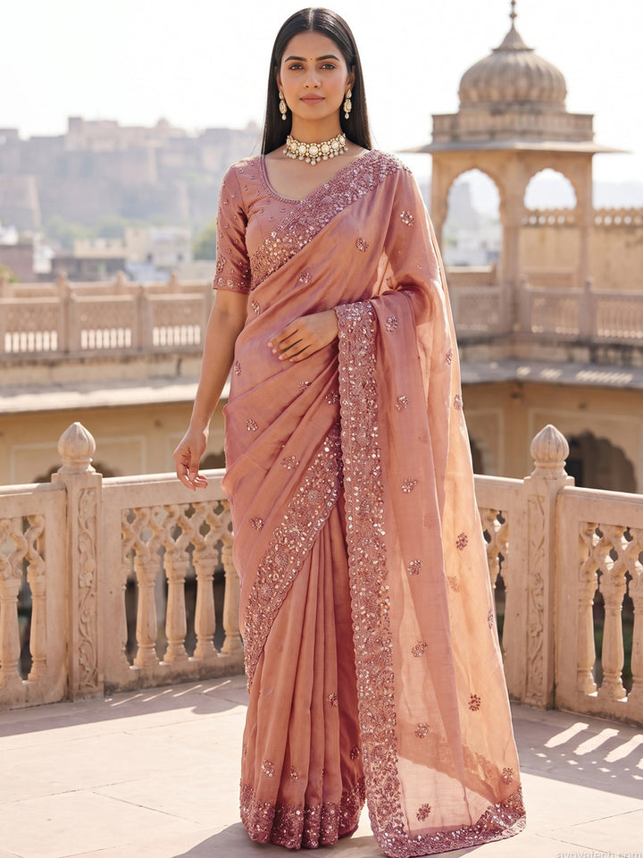 Sequin & Beadwork Embroidered Silk Saree with Scalloped Border and Blouse Piece