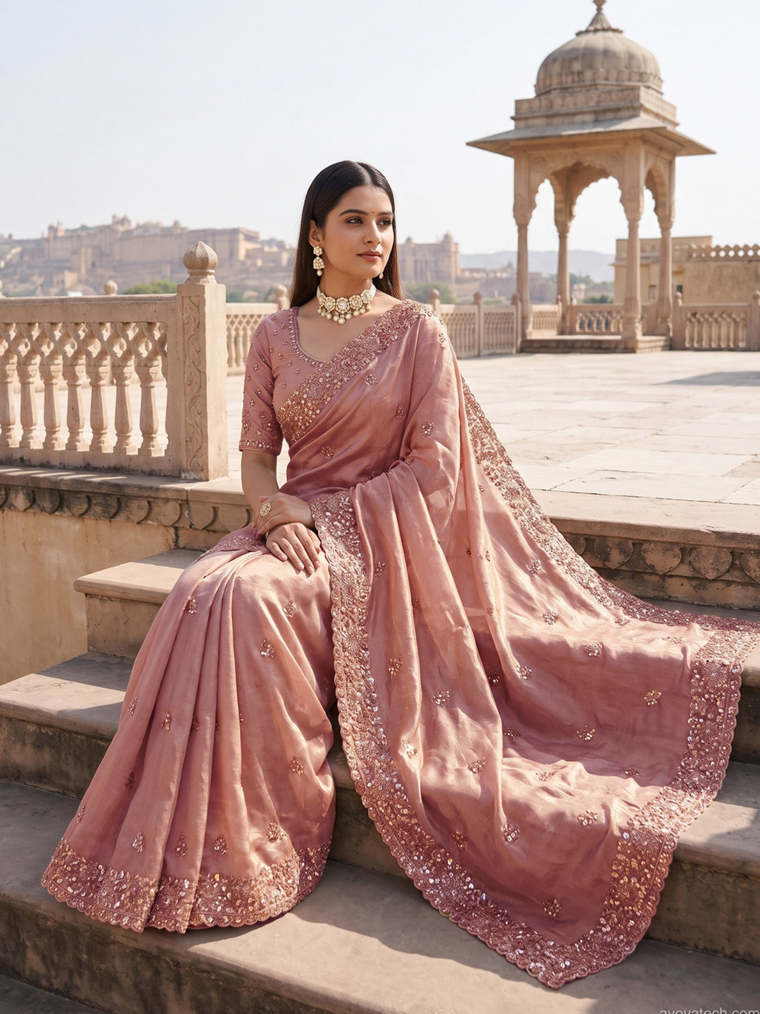 Sequin & Beadwork Embroidered Silk Saree with Scalloped Border and Blouse Piece