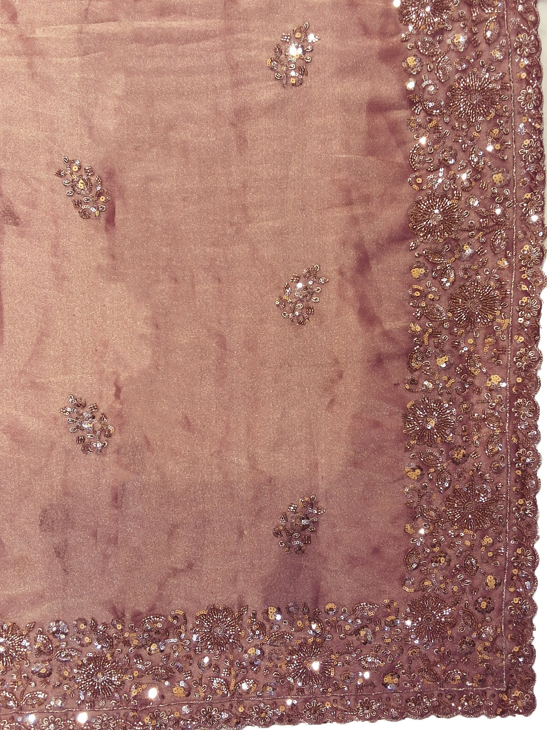 Sequin & Beadwork Embroidered Silk Saree with Scalloped Border and Blouse Piece