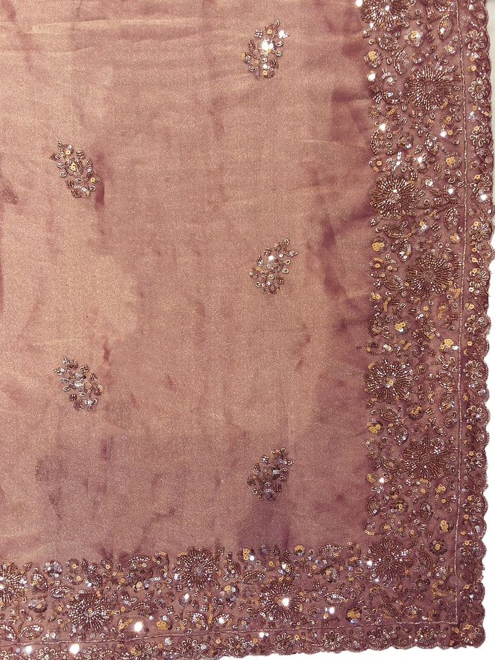 Sequin & Beadwork Embroidered Silk Saree with Scalloped Border and Blouse Piece