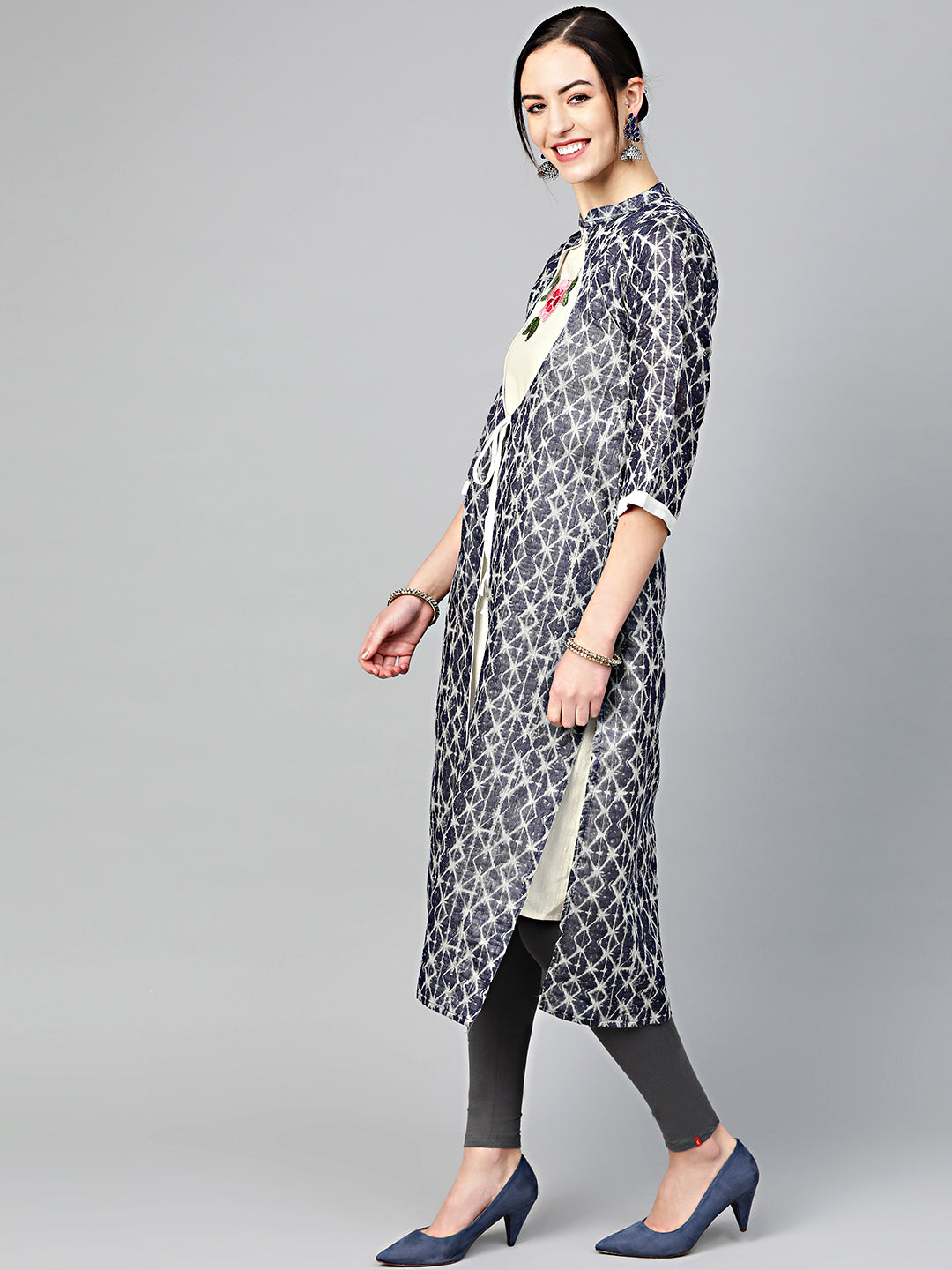 Printed Jacket Style Kurta Dress with Embroidered Inner