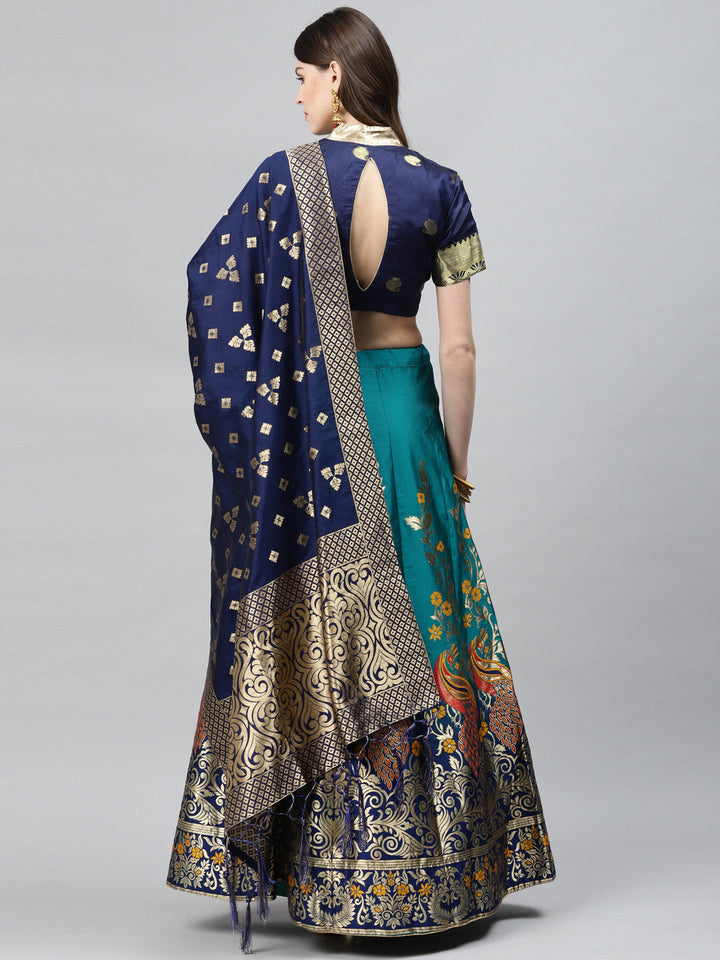 Ombre Semi Stitched Banarasi Lehenga Choli With Zari Weaving & Peacock Motifs