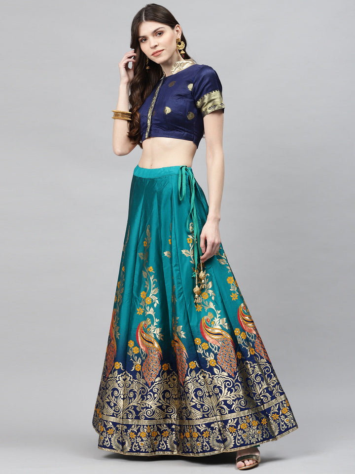 Ombre Semi Stitched Banarasi Lehenga Choli With Zari Weaving & Peacock Motifs