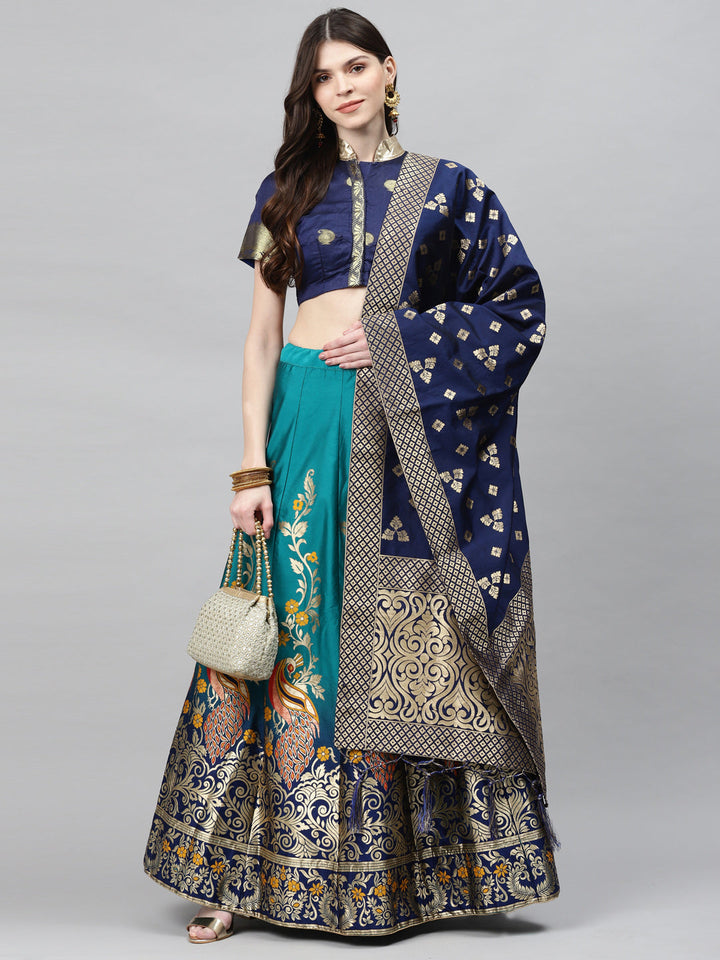Ombre Semi Stitched Banarasi Lehenga Choli With Zari Weaving & Peacock Motifs