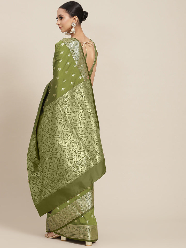 Golden Zari Woven Mysore Silk Bridal Handloom Saree with Floral motifs