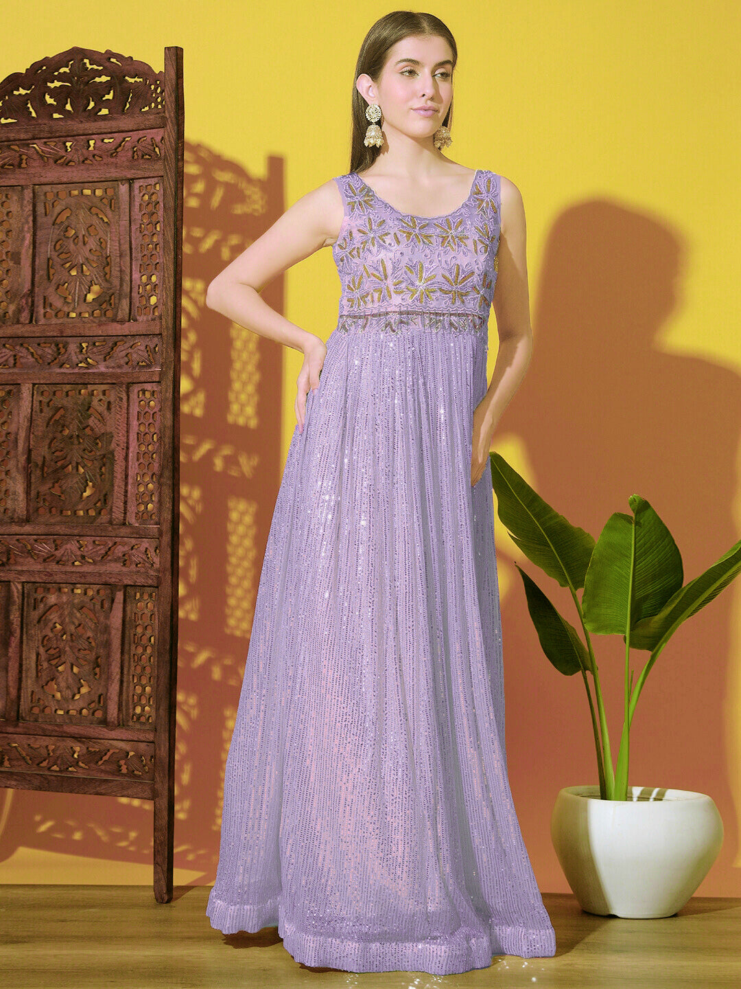 Chhabra 555 Mermaid Sequin Embellished Cocktail Gown with Zircon & Zardozi Embroidered Floral Motifs