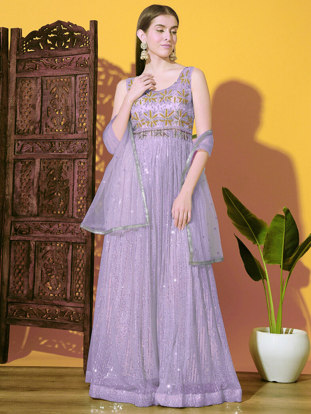 Chhabra 555 Mermaid Sequin Embellished Cocktail Gown with Zircon & Zardozi Embroidered Floral Motifs