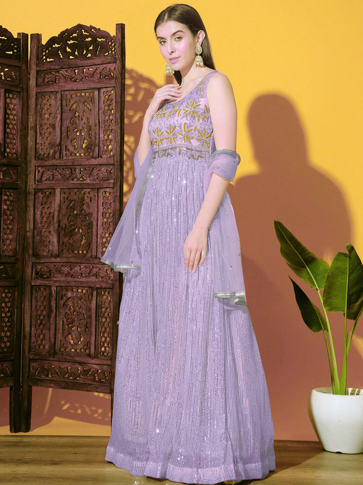 Chhabra 555 Mermaid Sequin Embellished Cocktail Gown with Zircon & Zardozi Embroidered Floral Motifs