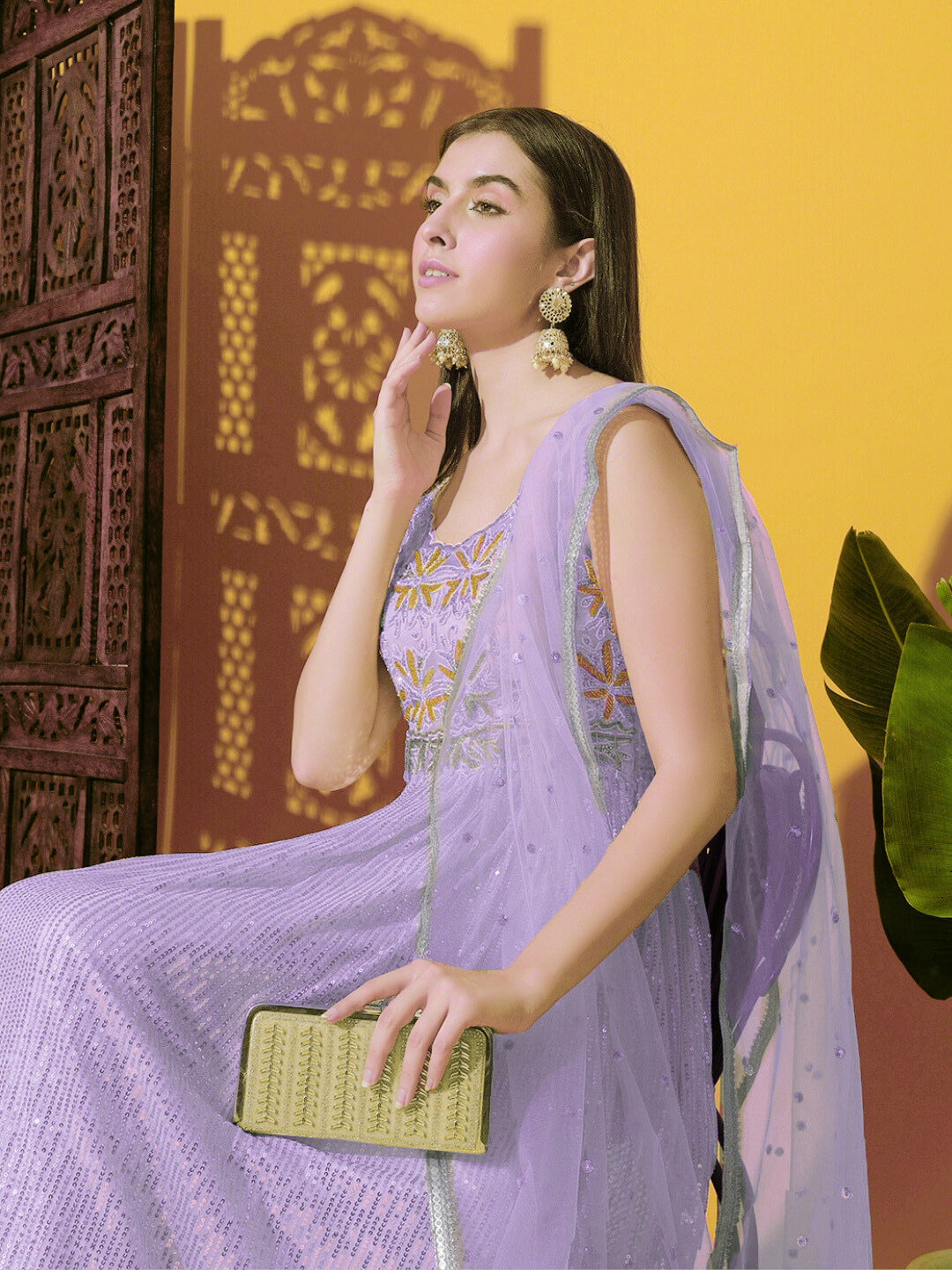 Chhabra 555 Mermaid Sequin Embellished Cocktail Gown with Zircon & Zardozi Embroidered Floral Motifs